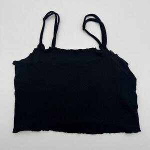 Garage Womens Black Ribbed Lettuce Edge Crop Cami Tank Top Small